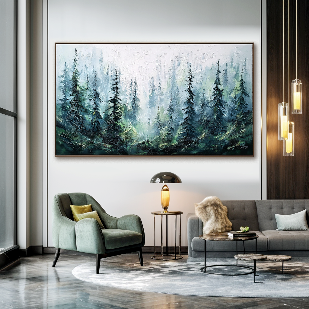 Textured painting of misty pine trees in soft green, blue, and gray tones.