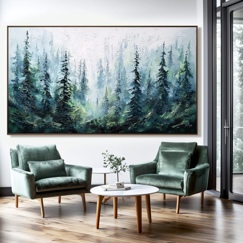 Textured painting of misty pine trees in soft green, blue, and gray tones.