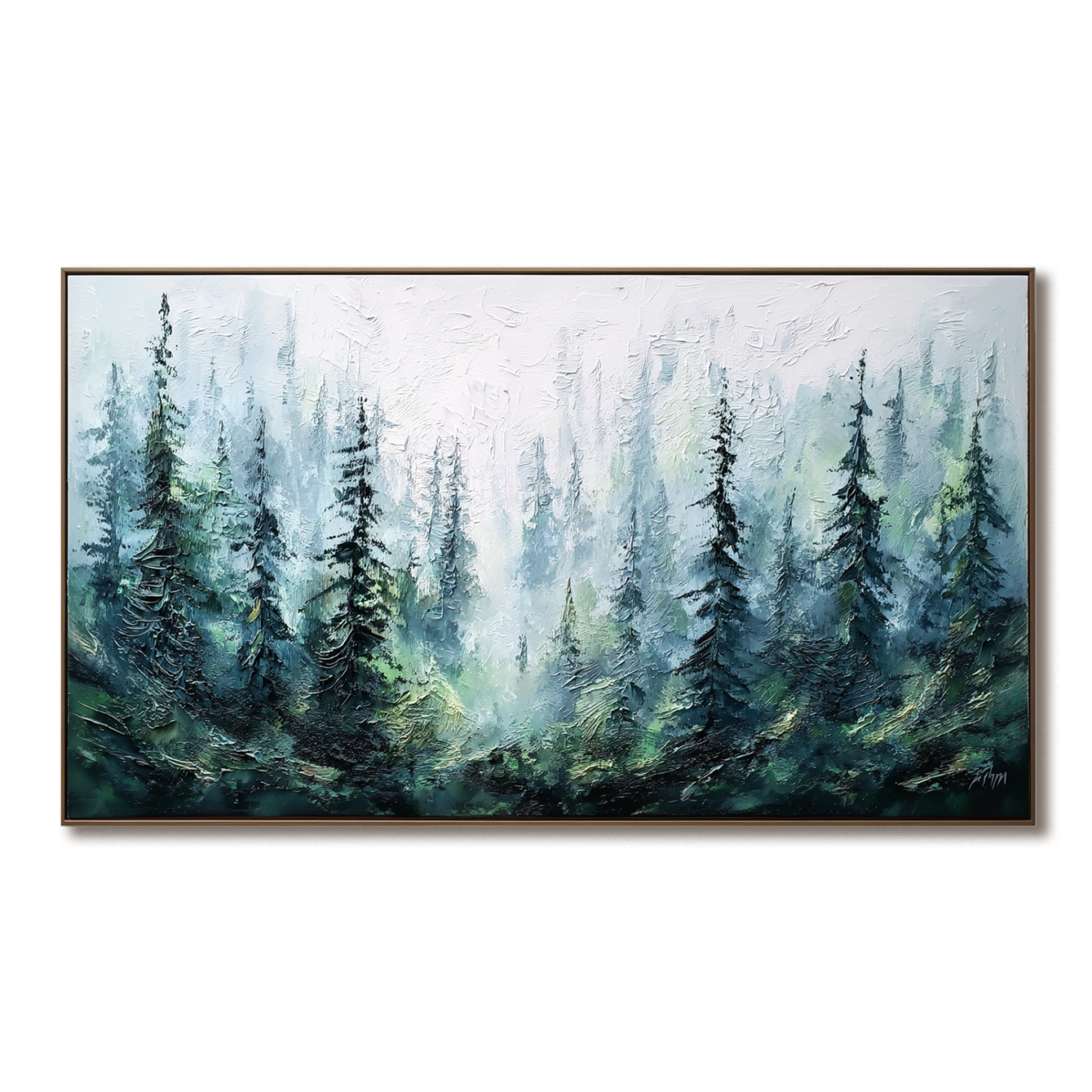 Textured painting of misty pine trees in soft green, blue, and gray tones.