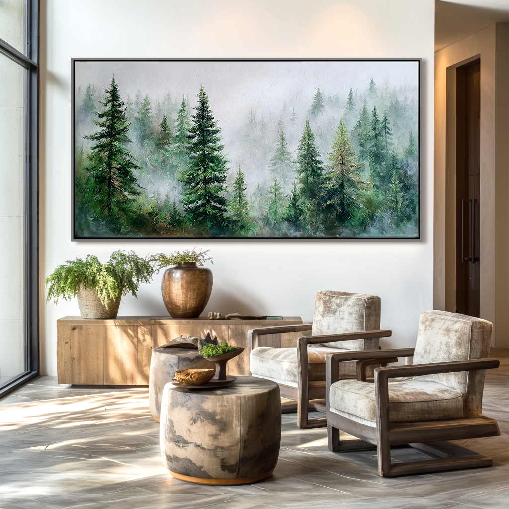 Mist in the Pines – Textured Forest Landscape in Soft Greens and Grays