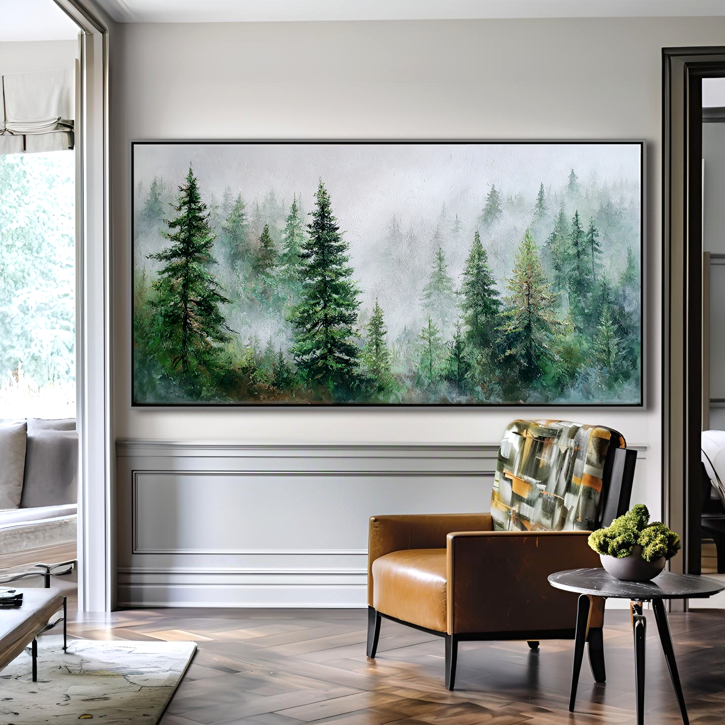 Mist in the Pines – Textured Forest Landscape in Soft Greens and Grays