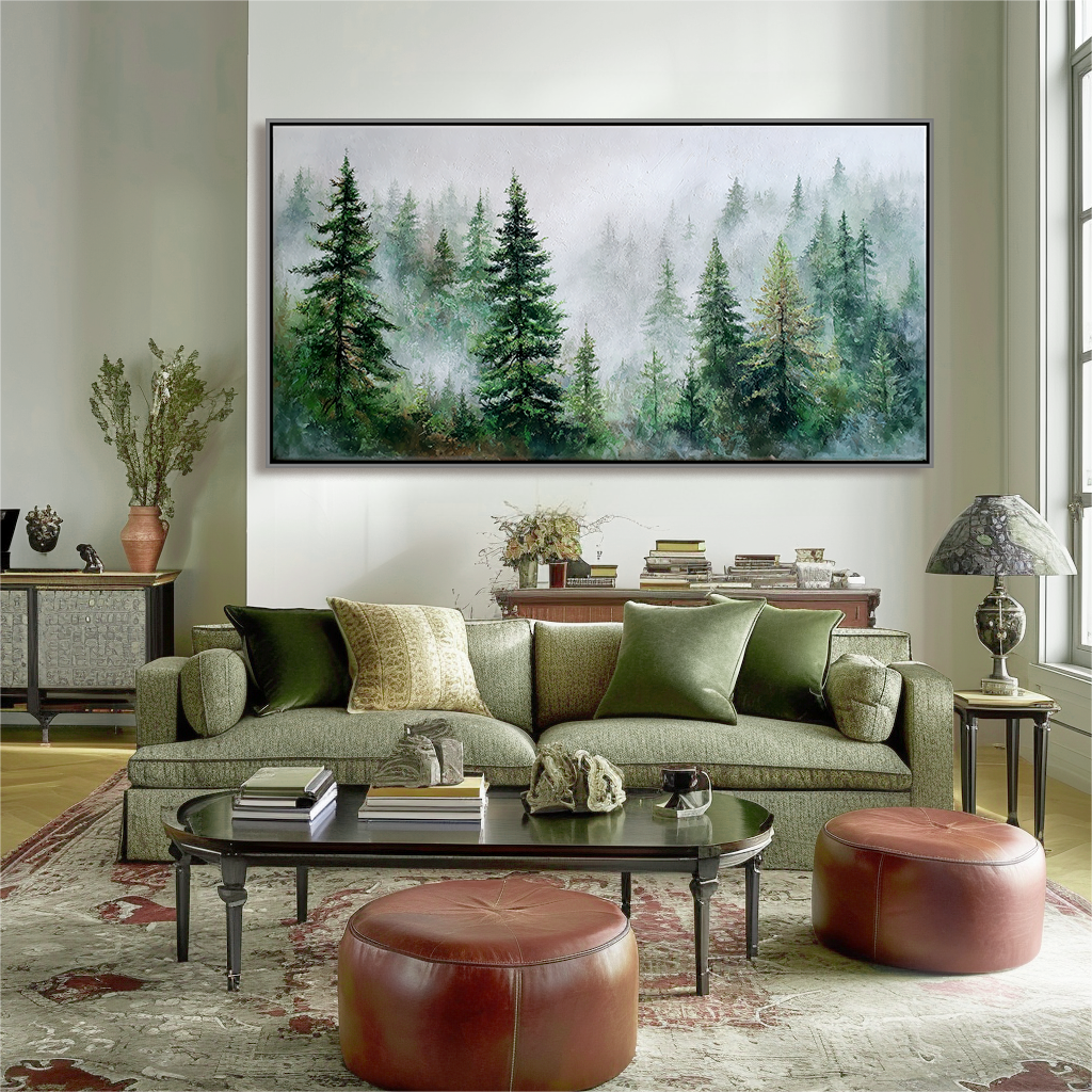 Mist in the Pines – Textured Forest Landscape in Soft Greens and Grays