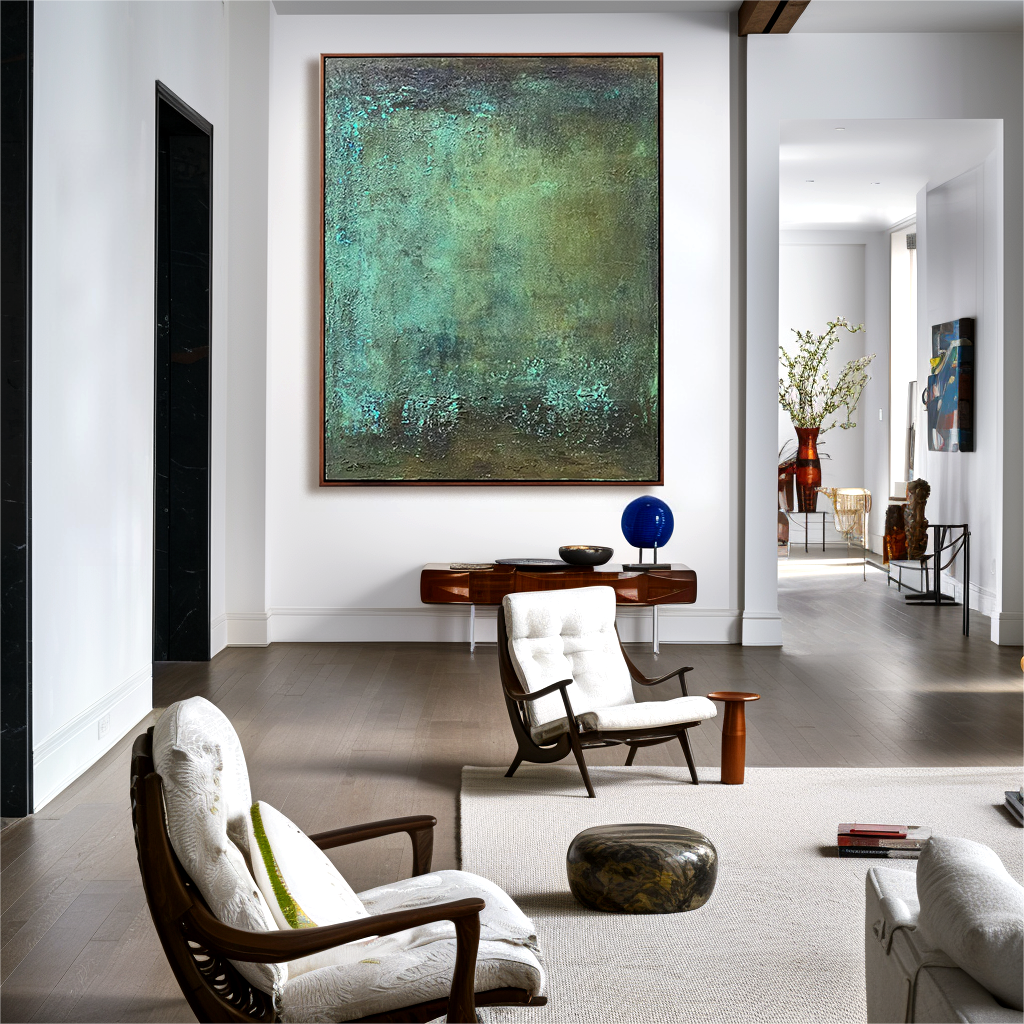 Abstract textured painting in earthy green tones, perfect for minimalist wall decor.