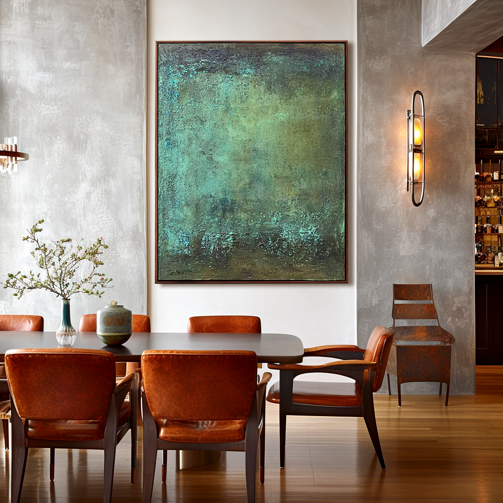 Abstract textured painting in earthy green tones, perfect for minimalist wall decor.