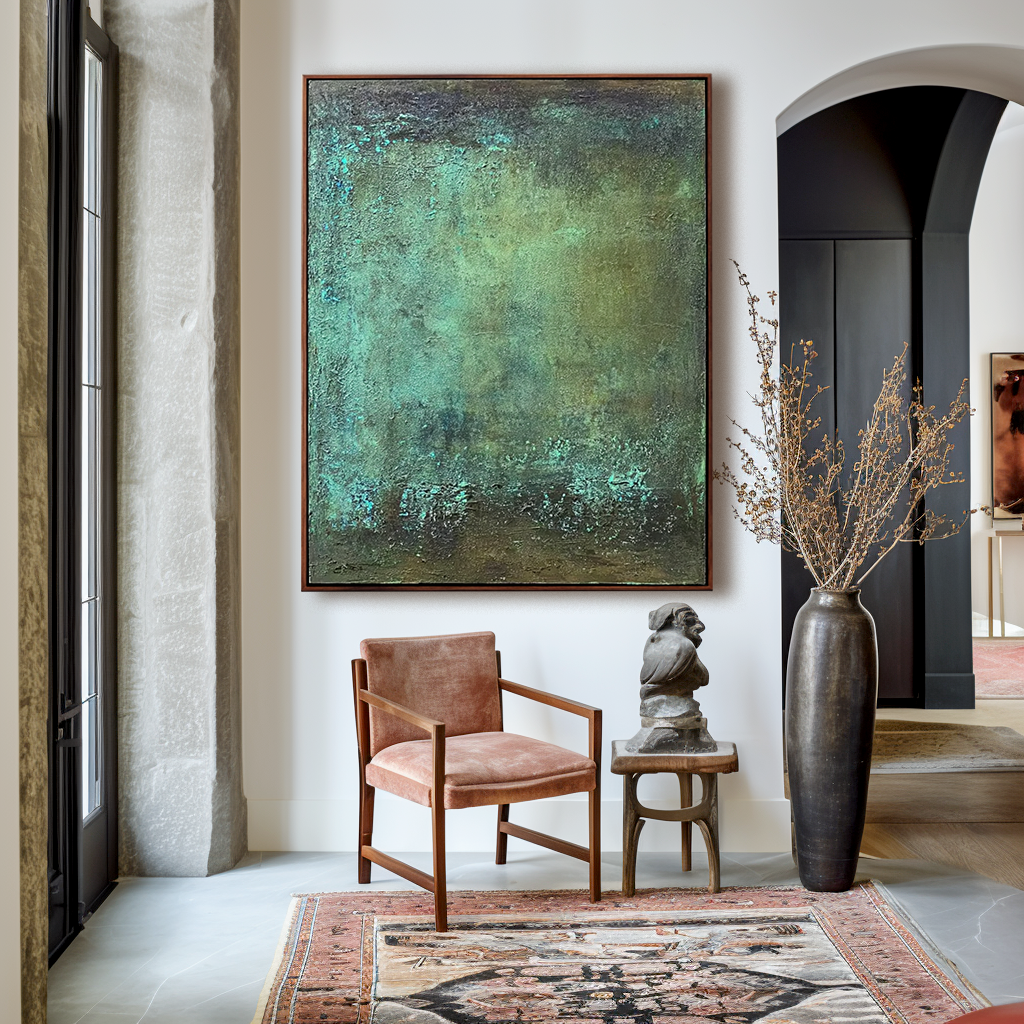 Abstract textured painting in earthy green tones, perfect for minimalist wall decor.