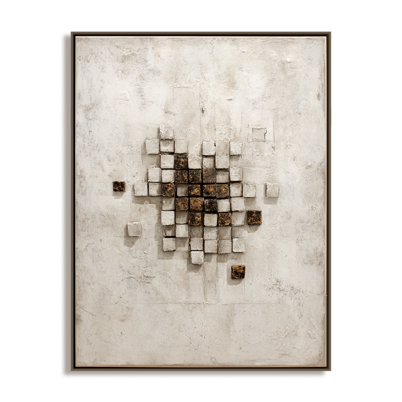 Textured cubes in an abstract geometric arrangement on a white background.