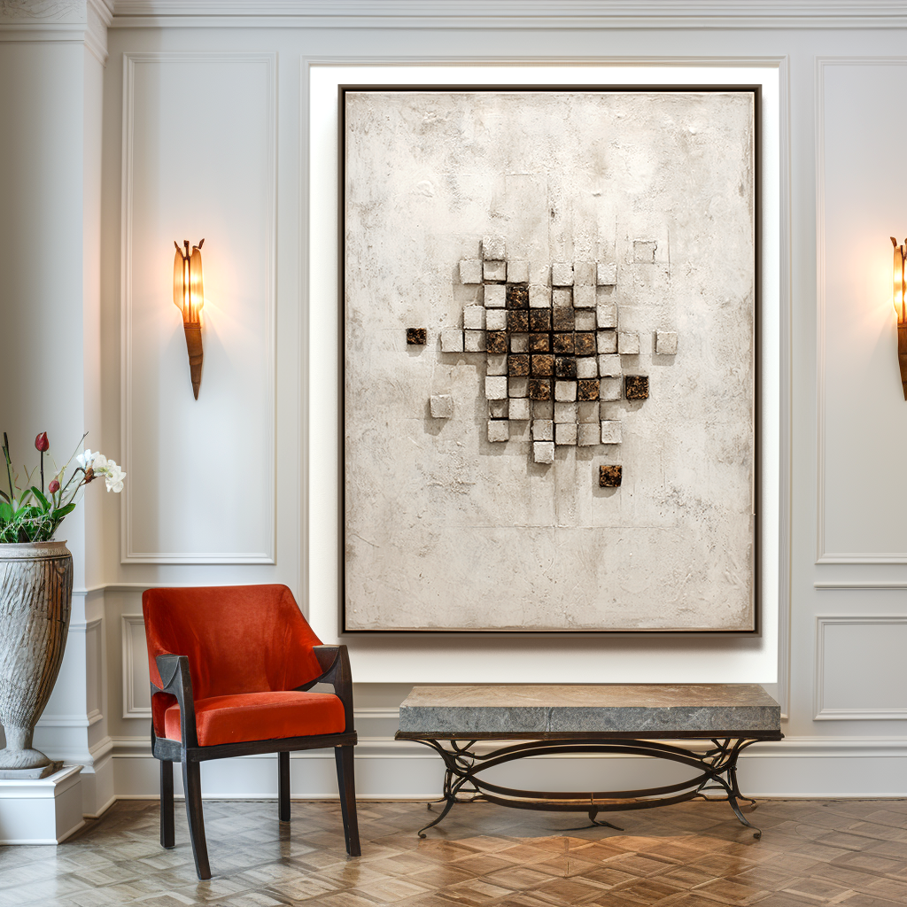 Textured cubes in an abstract geometric arrangement on a white background.