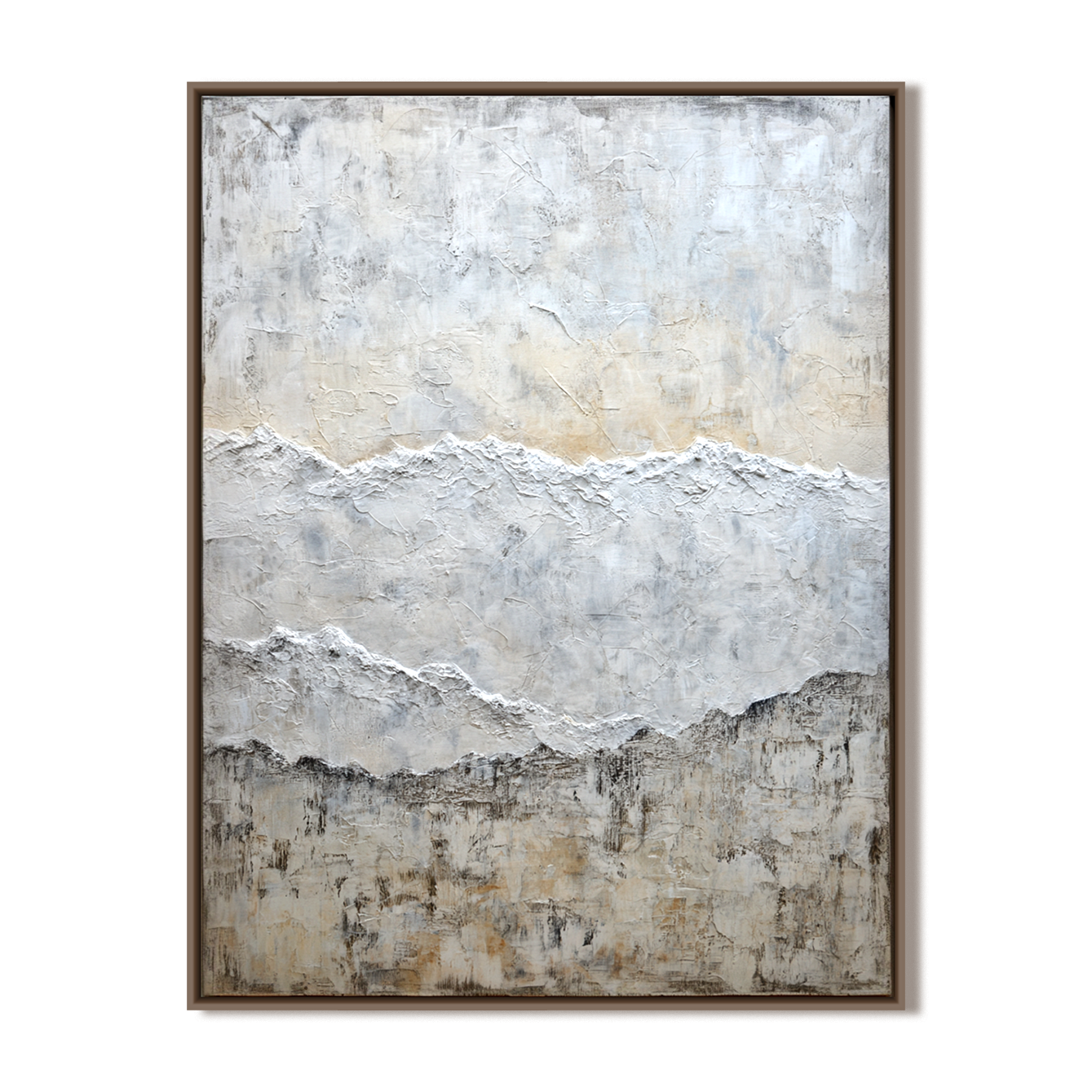Abstract textured landscape painting with soft earthy tones and white peaks.