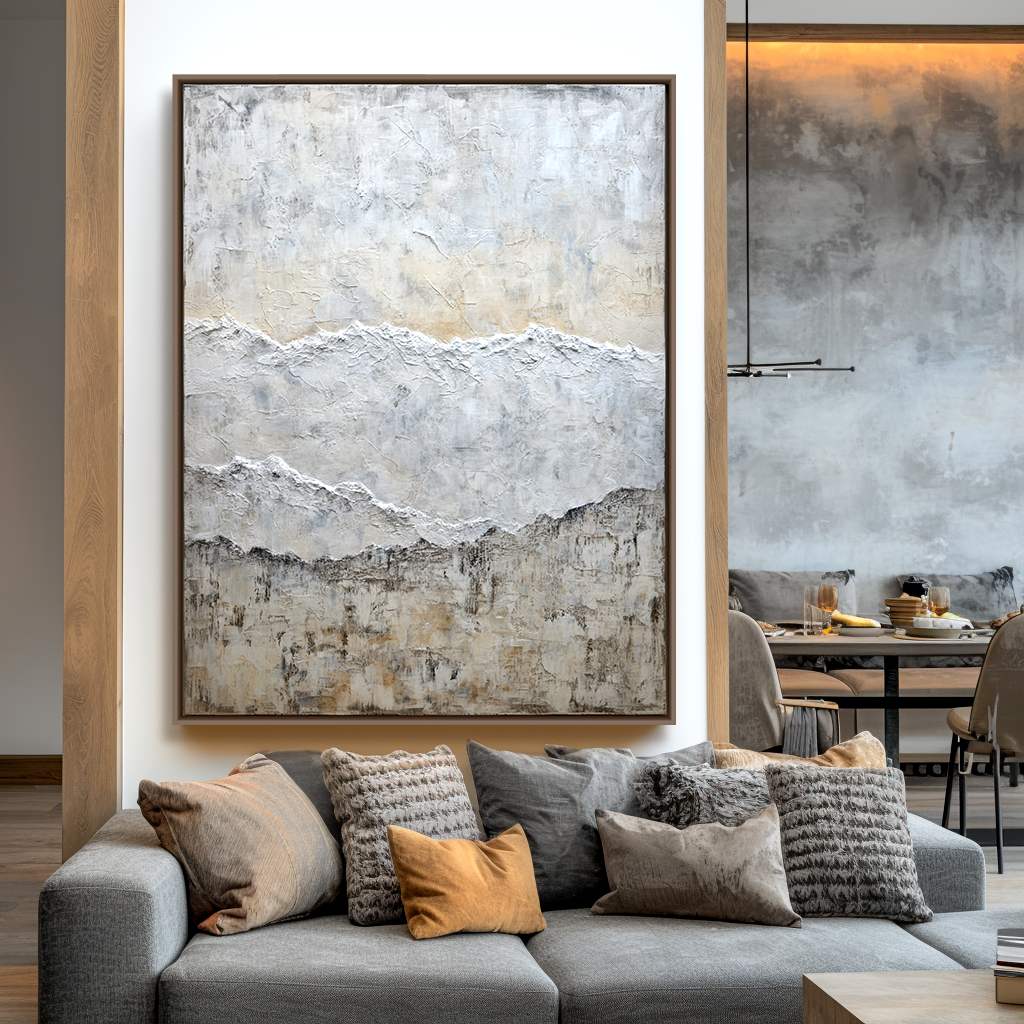 Abstract textured landscape painting with soft earthy tones and white peaks.