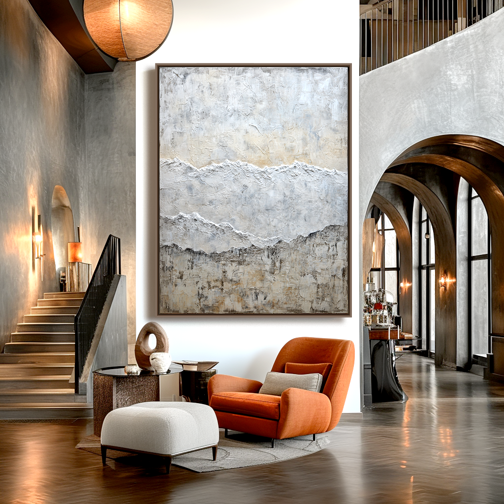 Abstract textured landscape painting with soft earthy tones and white peaks.