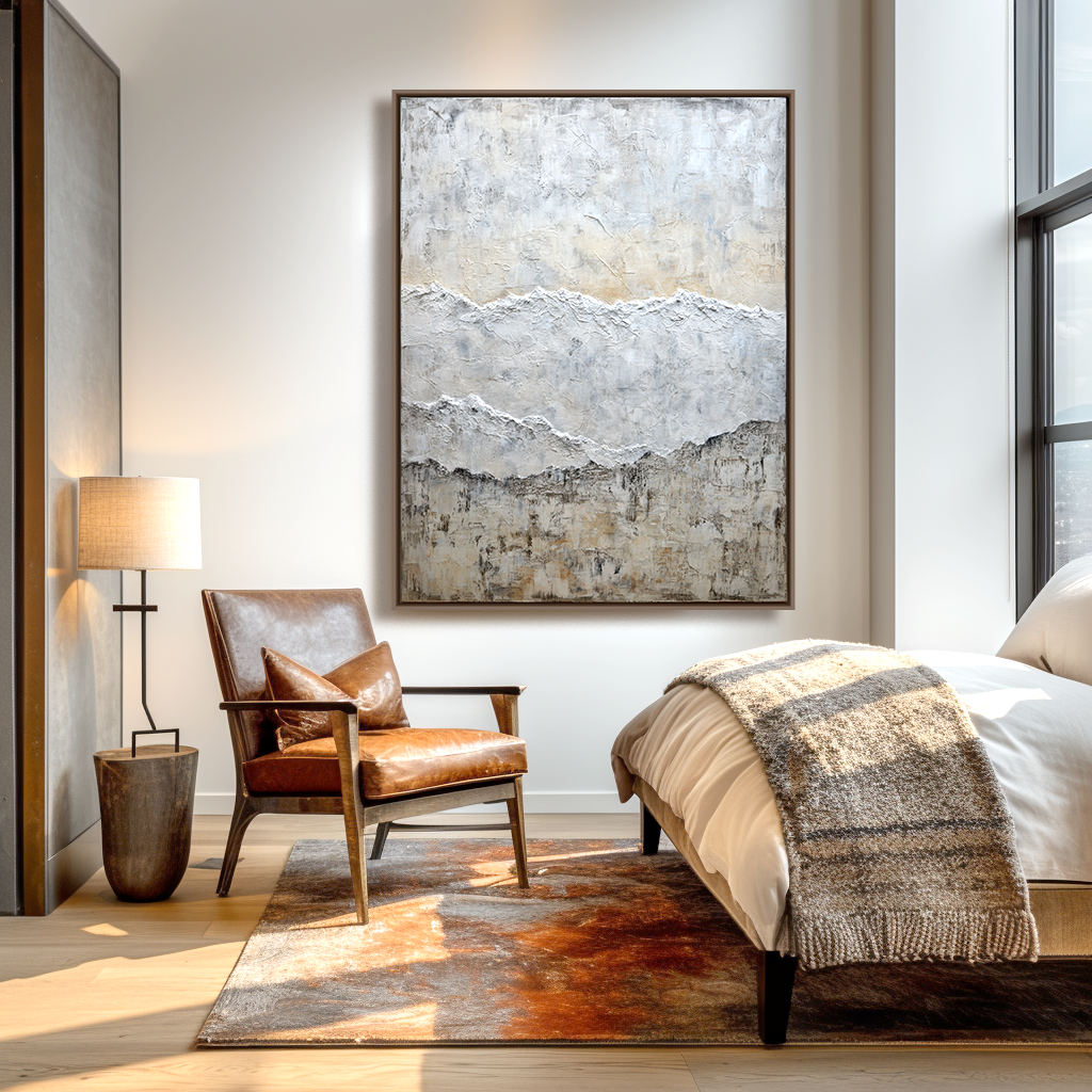 Abstract textured landscape painting with soft earthy tones and white peaks.