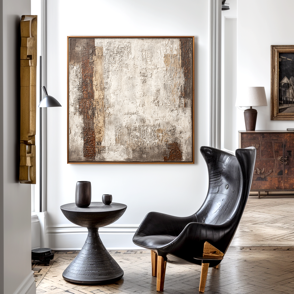 Textured abstract painting with earthy tones and geometric patterns.