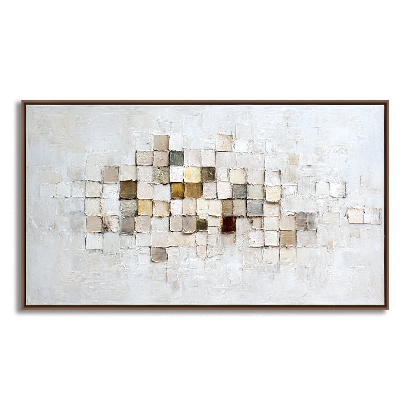 Abstract painting with a grid of textured squares in neutral and earthy tones.