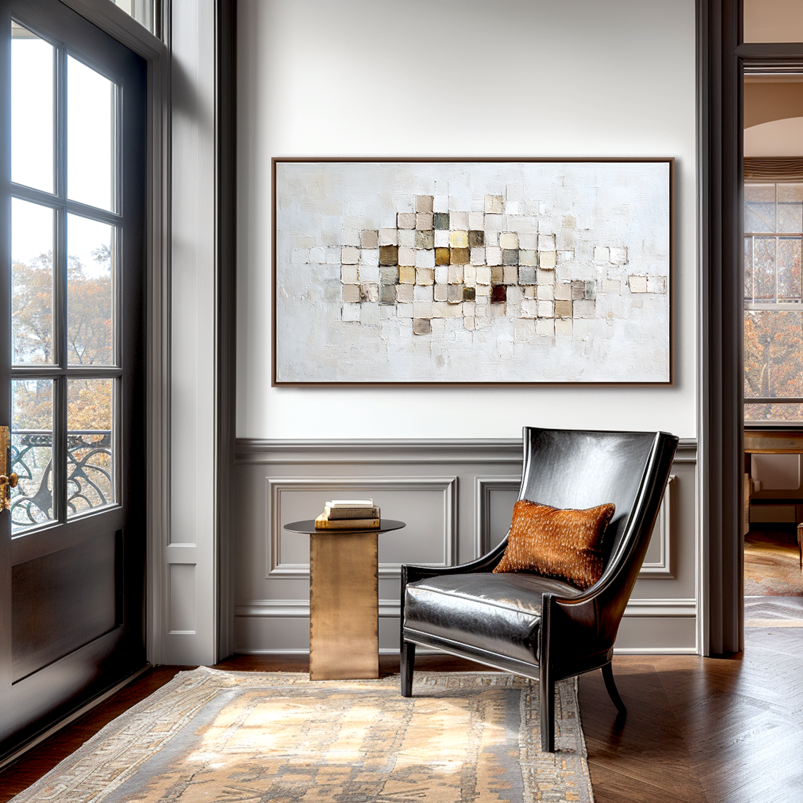 Abstract painting with a grid of textured squares in neutral and earthy tones.