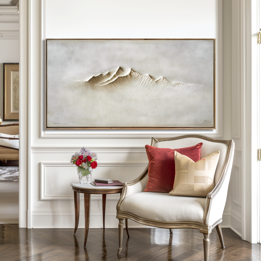 Abstract minimalist mountain landscape with textured peaks in neutral tones.