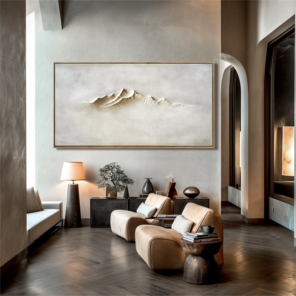 Abstract minimalist mountain landscape with textured peaks in neutral tones.