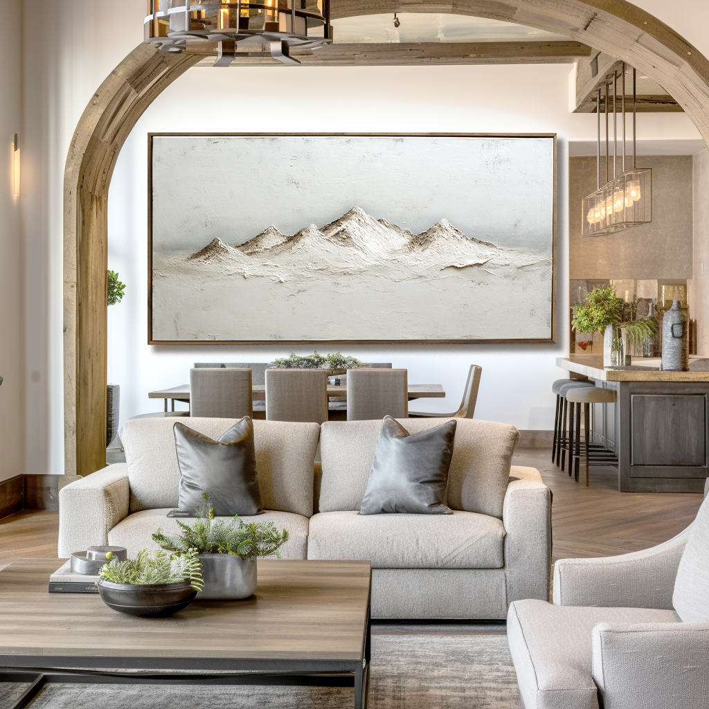 Abstract textured mountain range in soft neutral tones, minimalist landscape art.