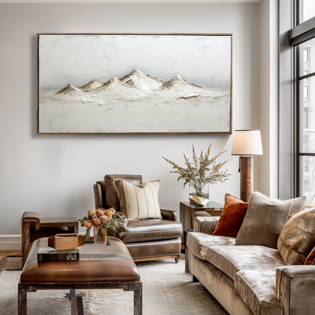 Abstract textured mountain range in soft neutral tones, minimalist landscape art.