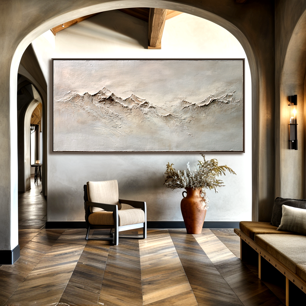 Abstract textured mountain range with soft neutral tones, minimalist landscape art.