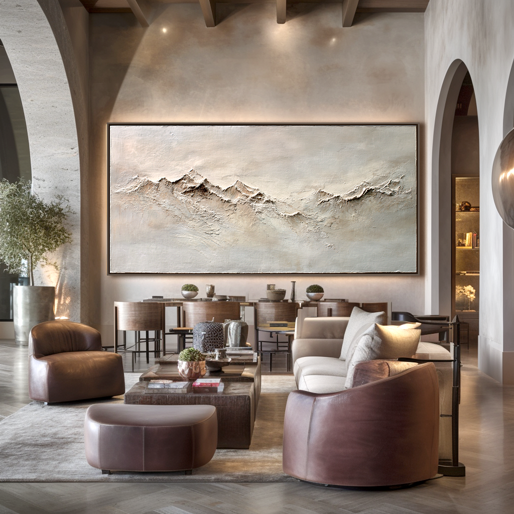 Abstract textured mountain range with soft neutral tones, minimalist landscape art.