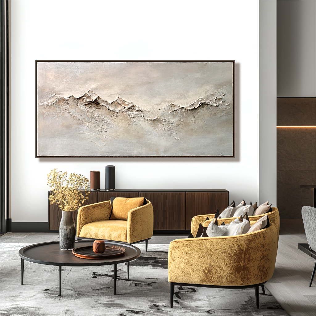 Abstract textured mountain range with soft neutral tones, minimalist landscape art.