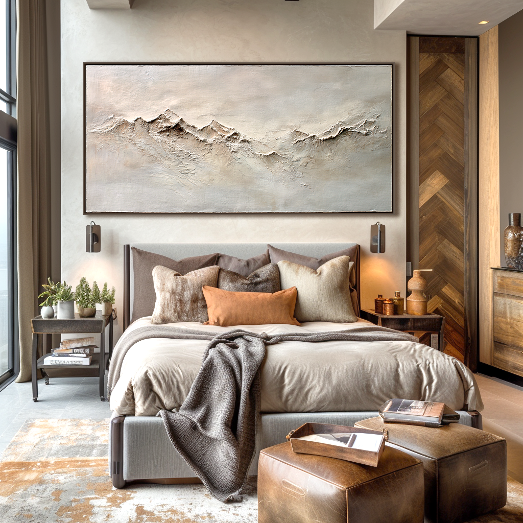 Abstract textured mountain range with soft neutral tones, minimalist landscape art.