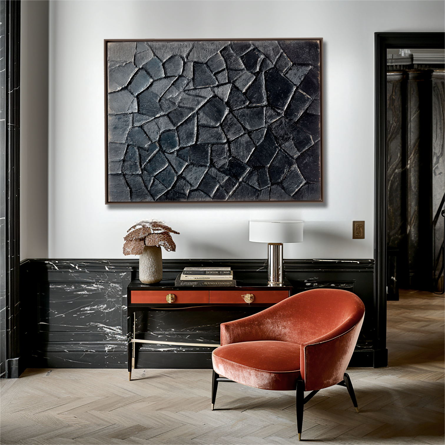 Abstract Textured Art - Cracked Black Surface Design