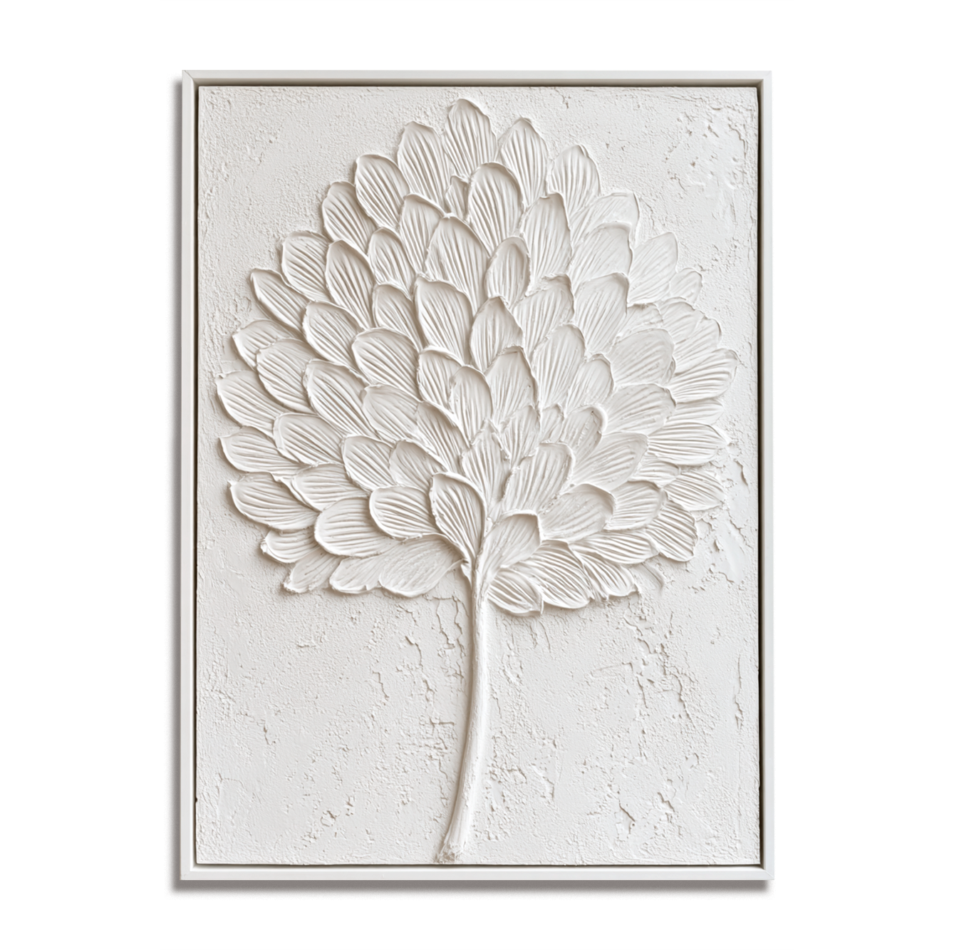 Textured white leaf art with sculpted details on a minimalist background.
