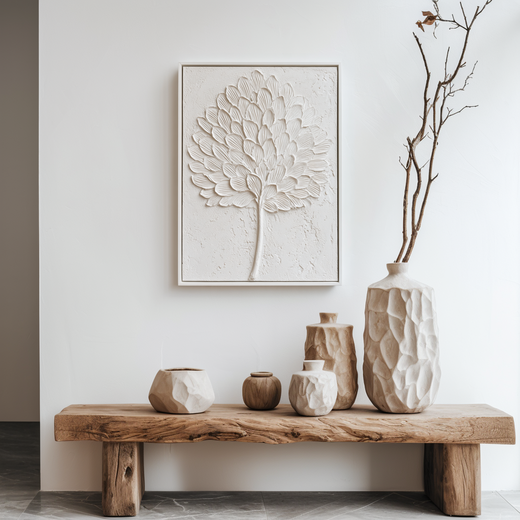 Textured white leaf art with sculpted details on a minimalist background.