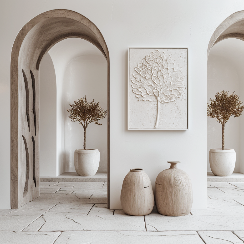 Textured white leaf art with sculpted details on a minimalist background.