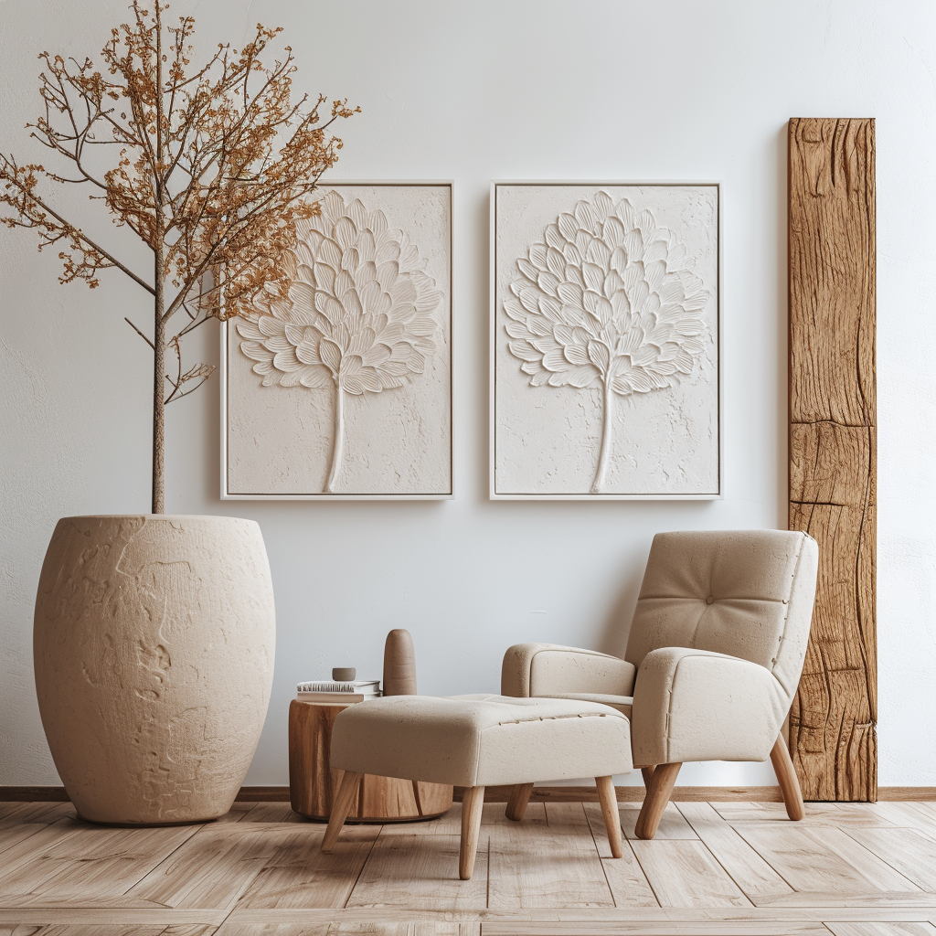 Textured white leaf art with sculpted details on a minimalist background.