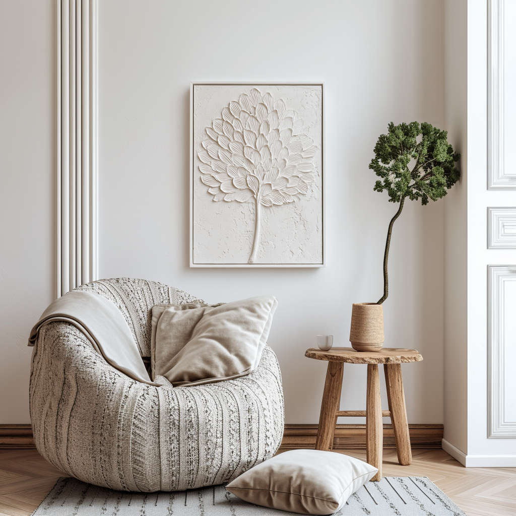 Textured white leaf art with sculpted details on a minimalist background.