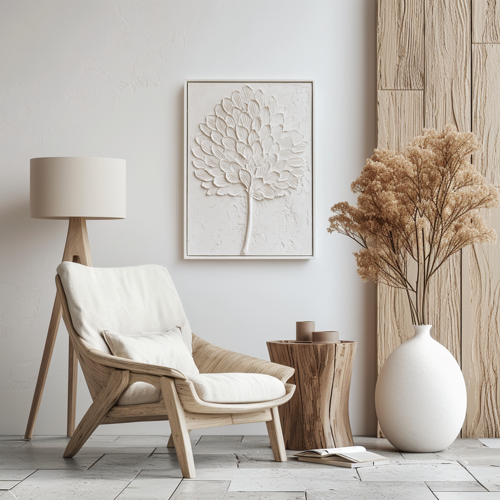 Textured white leaf art with sculpted details on a minimalist background.