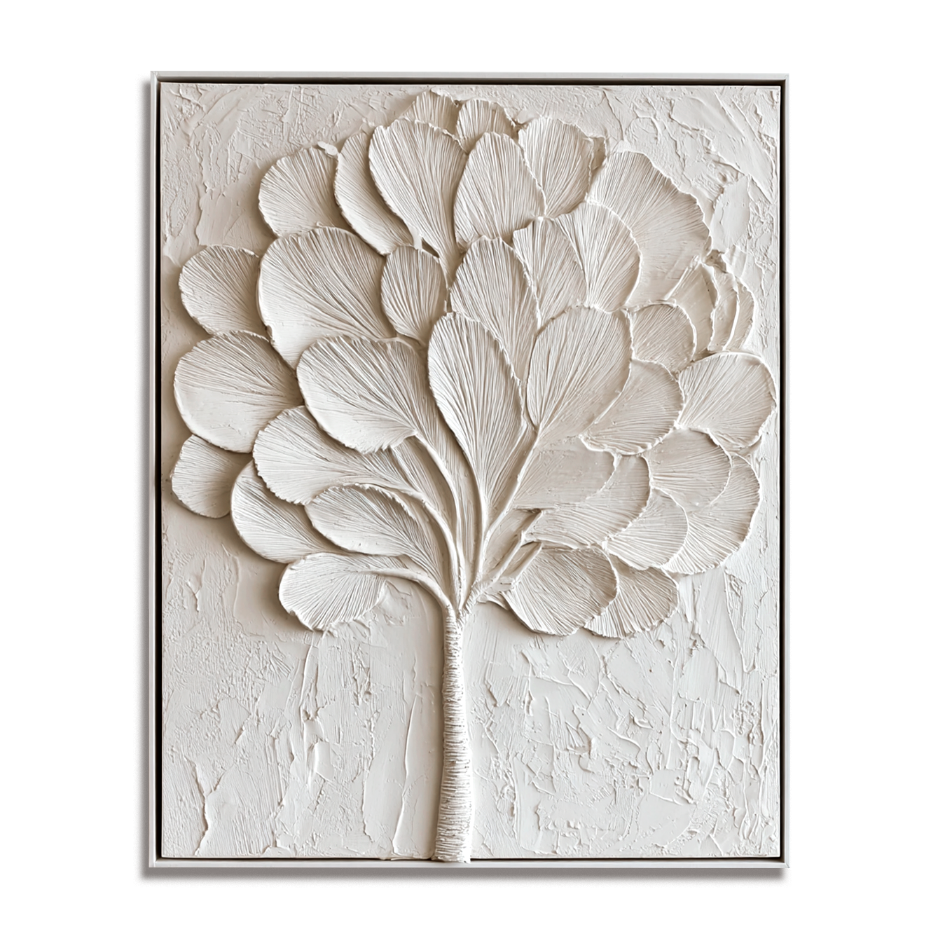 Abstract textured white tree art with sculpted leaves and branches in a minimalist design.