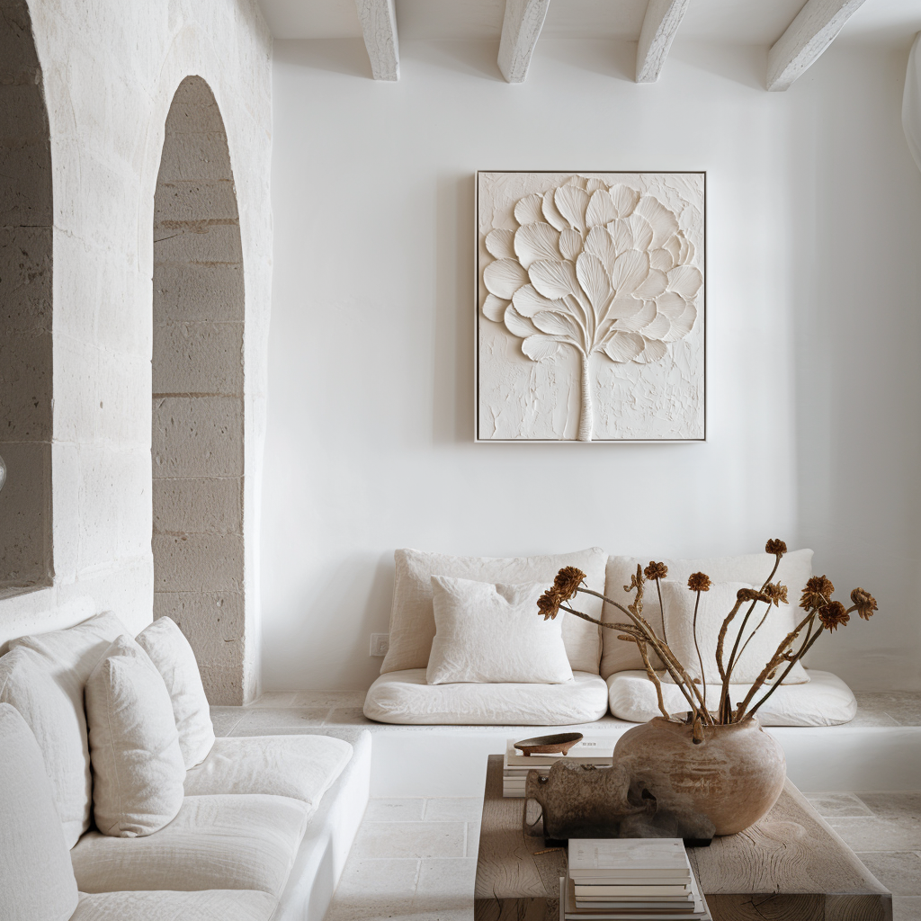 Abstract textured white tree art with sculpted leaves and branches in a minimalist design.