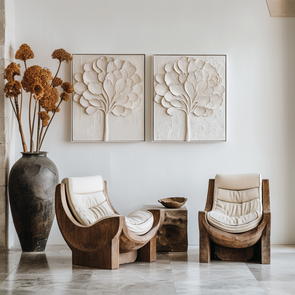 Abstract textured white tree art with sculpted leaves and branches in a minimalist design.