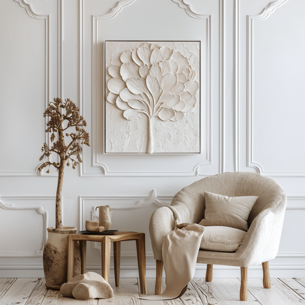 Abstract textured white tree art with sculpted leaves and branches in a minimalist design.
