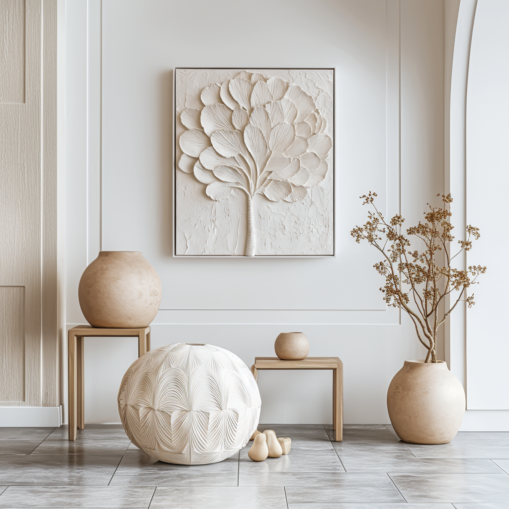 Abstract textured white tree art with sculpted leaves and branches in a minimalist design.