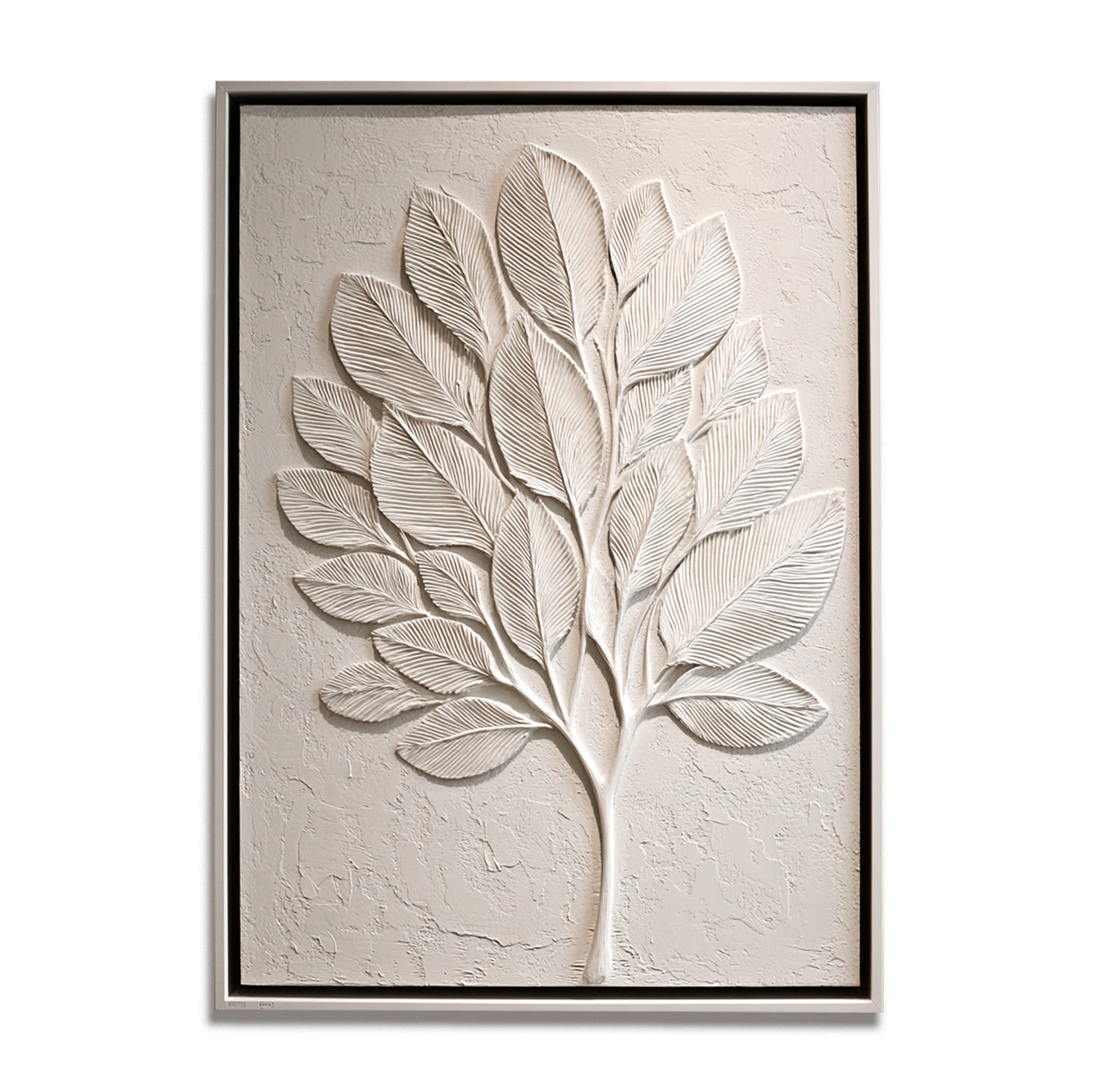 Abstract textured white tree art with sculpted leaves in minimalist design.