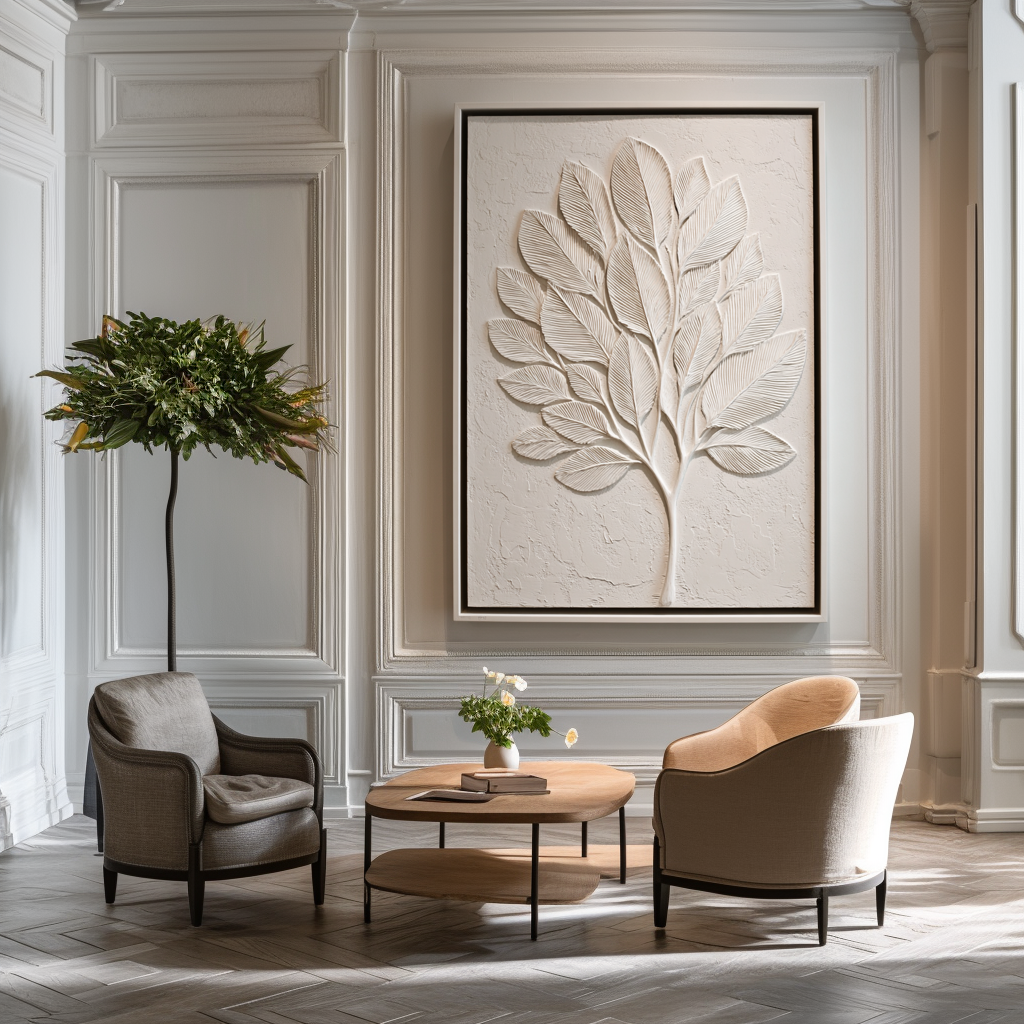 Abstract textured white tree art with sculpted leaves in minimalist design.