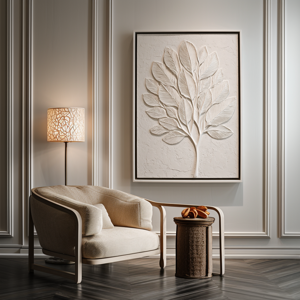Abstract textured white tree art with sculpted leaves in minimalist design.