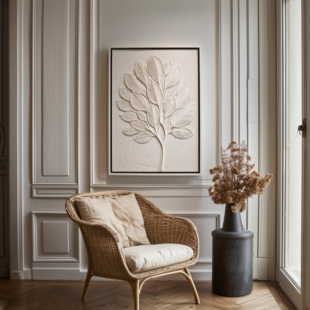 Abstract textured white tree art with sculpted leaves in minimalist design.