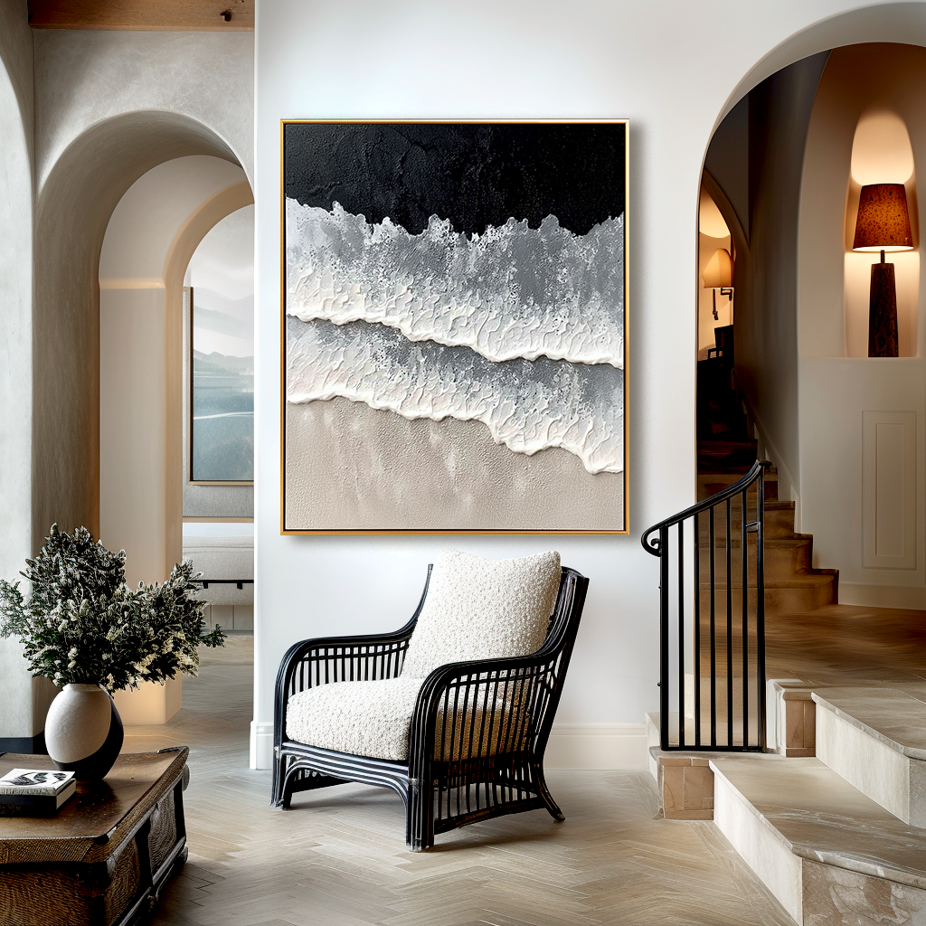 Abstract textured waves with black, gray, and white tones in minimalist design.