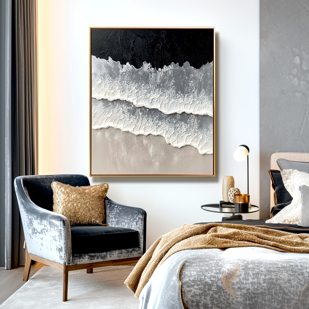 Abstract textured waves with black, gray, and white tones in minimalist design.