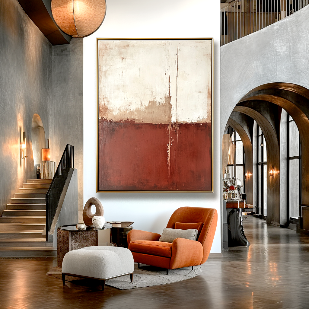 Abstract minimalist painting with red and white tones and subtle texture.