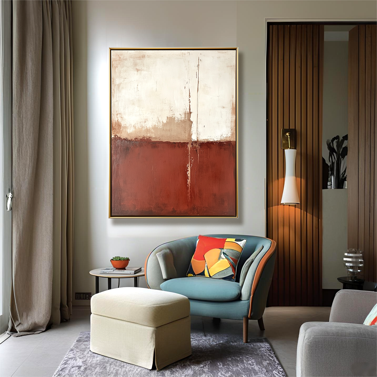 Abstract minimalist painting with red and white tones and subtle texture.