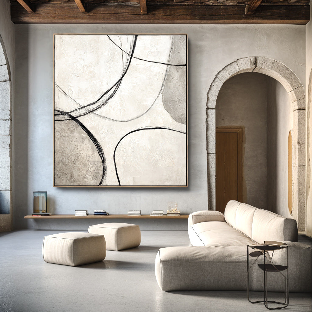 Abstract geometric lines in black and white with a textured minimalist design.