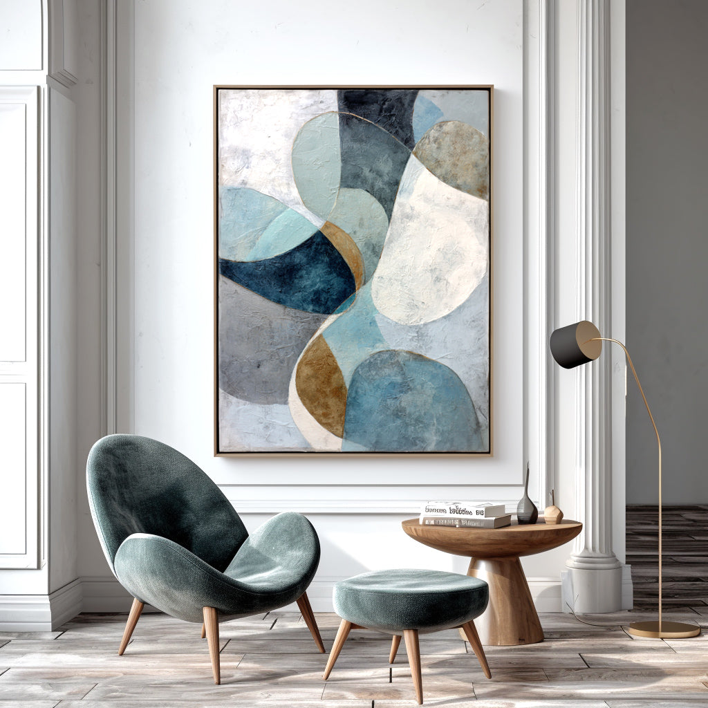 Abstract geometric artwork in soft blue, gray, and neutral tones with organic shapes.