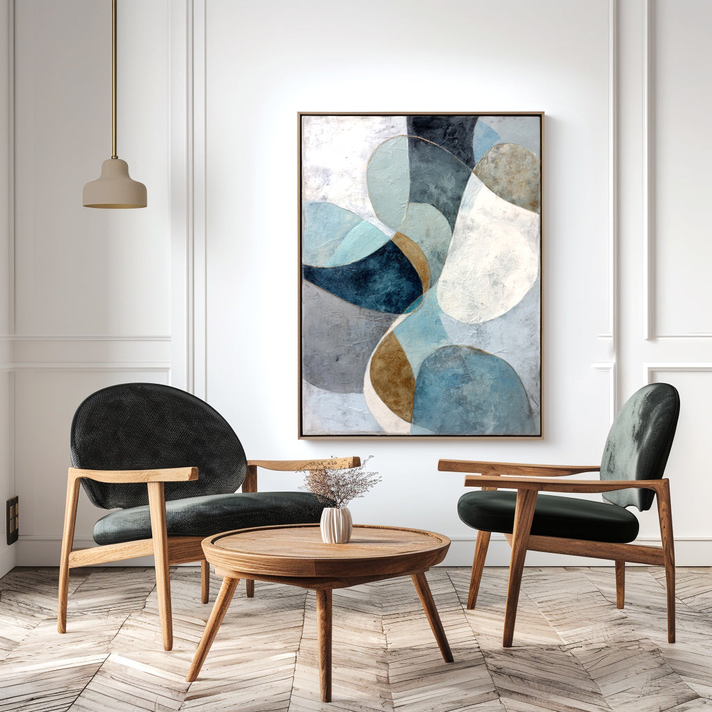Abstract geometric artwork in soft blue, gray, and neutral tones with organic shapes.