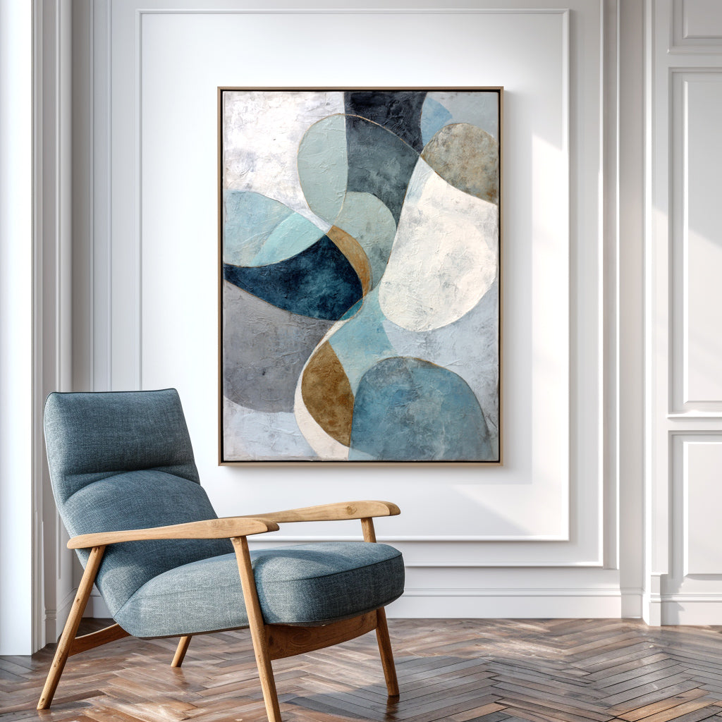 Abstract geometric artwork in soft blue, gray, and neutral tones with organic shapes.